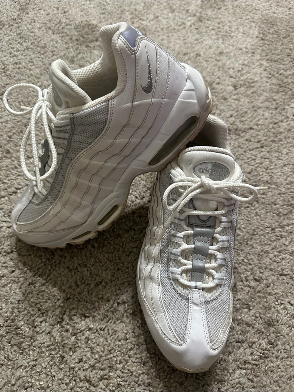 Nike Air Max 95 Triple White Leather & Light Gray Men Sneakers 609048-110 Sz 9.5
